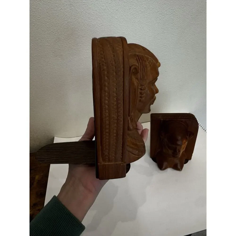 Vintage Hand Carved Wood Figural Bookends Tribal Busts Heavy Solid Vintage Decor